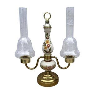 VTG Floral Porcelain Brass Candelabra Glass Globes Colonial Cottage 1960s